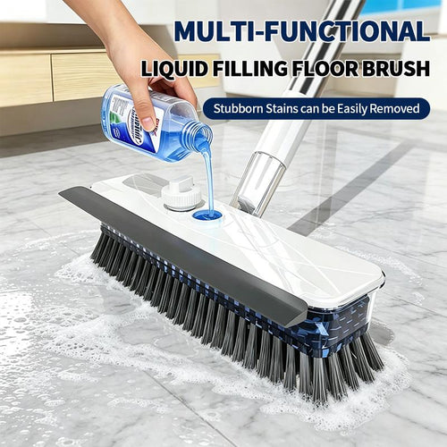 Liquid Dispensing Floor Scrub Brush with Squeegee: Cleaner Built Into the Head