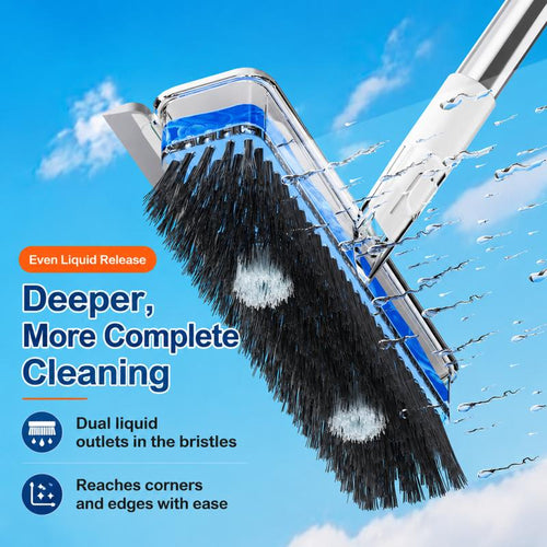 Liquid Dispensing Floor Scrub Brush with Squeegee: Cleaner Built Into the Head