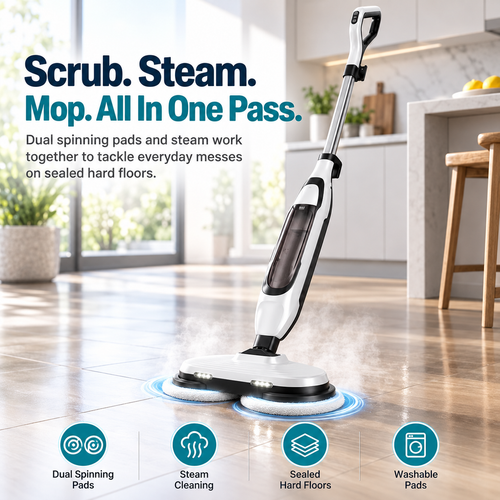 Dual-Head Spinning Steam Mop: Cleans in One Pass