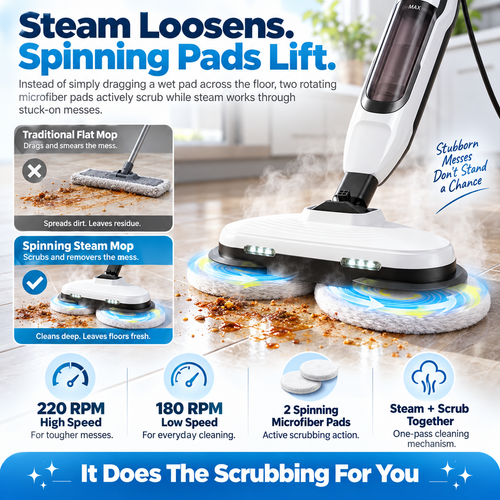 Dual-Head Spinning Steam Mop: Cleans in One Pass