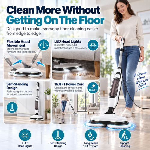 Dual-Head Spinning Steam Mop: Cleans in One Pass