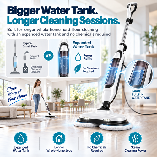 Dual-Head Spinning Steam Mop: Cleans in One Pass