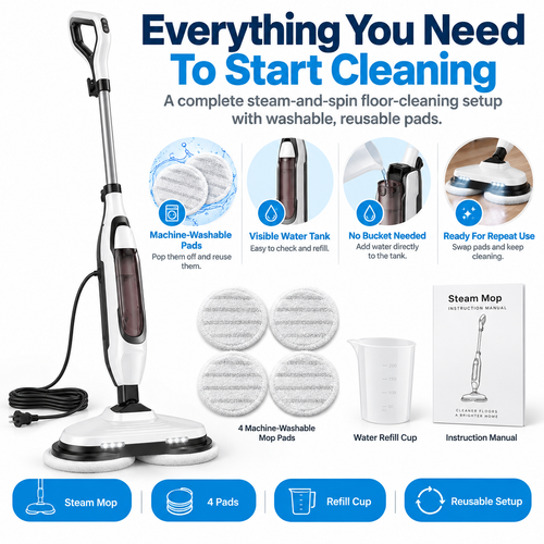 Dual-Head Spinning Steam Mop: Cleans in One Pass